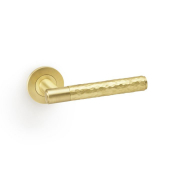 Spitfire Lever on Round Rose Hammered Style Satin Brass